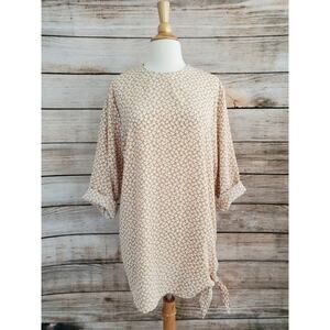 Vintage 60s 70s Tunic Tan White Leaf Print Large